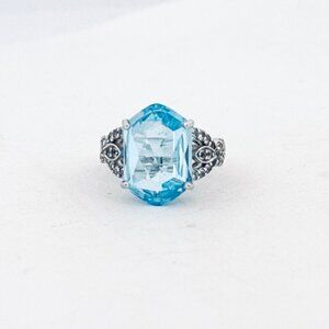 Blue Topaz Sterling Silver 925 Ring Size 5 Filigree Halo Style, 4.8g Statement